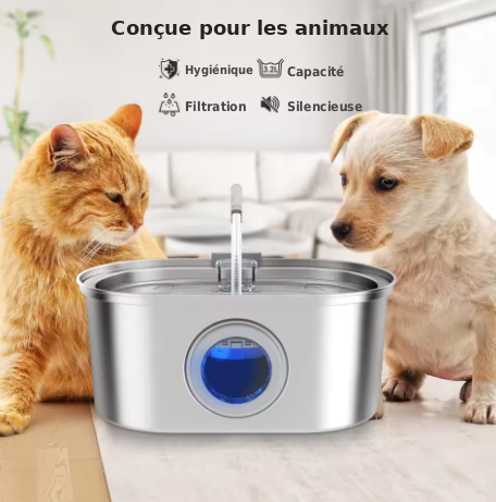 Chat et chien auprès de la fontaine inox 3,2 L