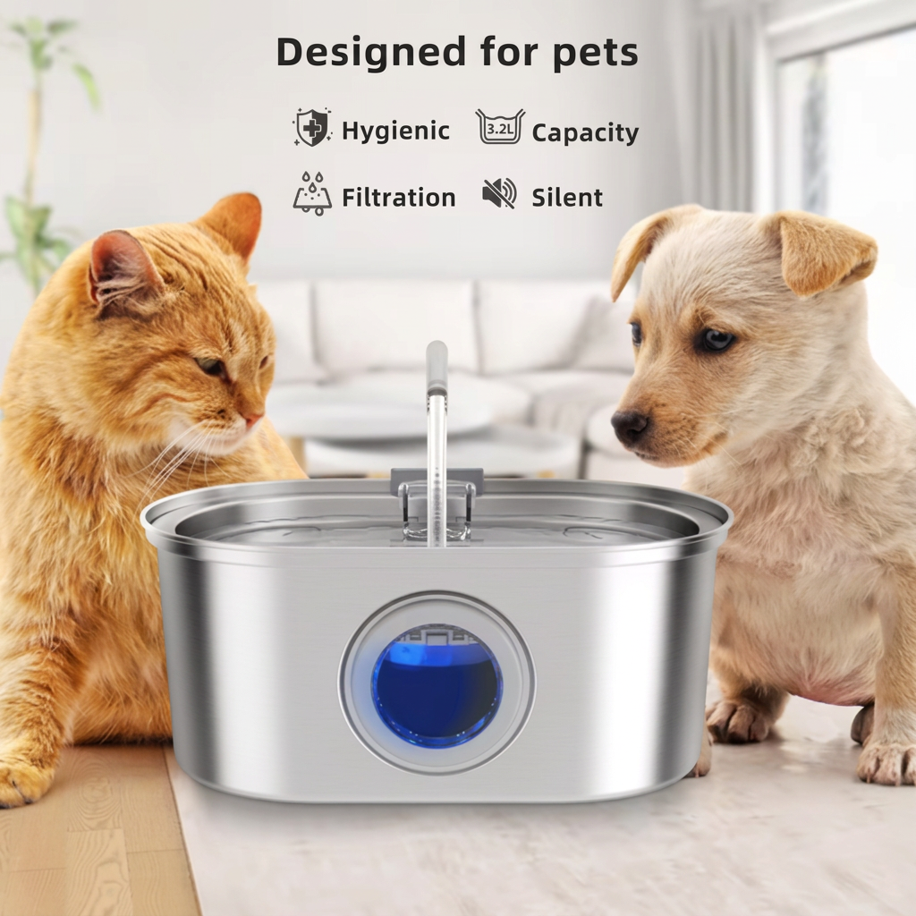 Cat and dog by the 3.2 L stainless steel fountain