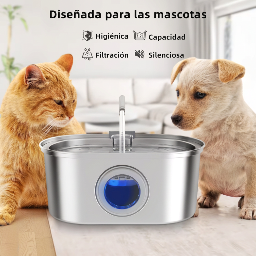 Gato y perro junto a la fuente de acero inoxidable de 3,2 L