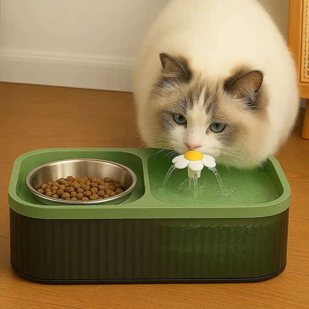 Fontaine à eau pour chat et gamelle inox avec un chat qui boit